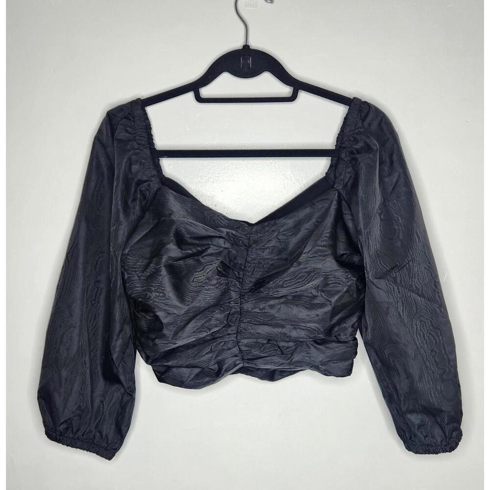 J.Crew Blouse Womens 8 Black Jacquard Puff Sleeve Ruched Sweetheart Crop Top
